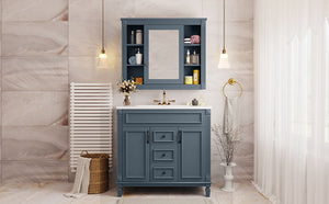 English Elm 36'' Bathroom Vanity with Sink and Mirror Cabinet, Modern MDF & Solid Wood Design, Ceramic Top, Soft-Close Doors Blue SW000115AAC-1