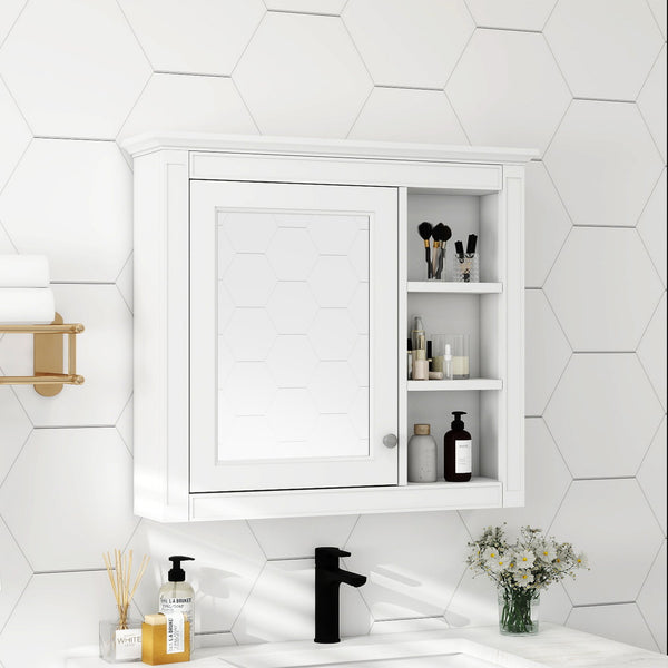 English Elm 30'' Modern Medicine Cabinet Wall Mirror with Hidden Storage and Adjustable Open Shelves for Bath White WF318452AAK