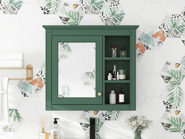 English Elm 30'' Modern Medicine Cabinet Wall Mirror with Hidden Storage and Adjustable Open Shelves for Bath Green WF318452AAF