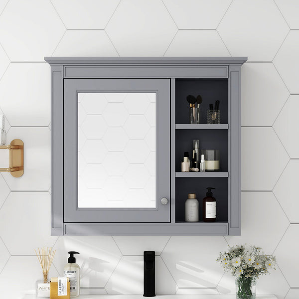 English Elm 30'' Modern Medicine Cabinet Wall Mirror with Hidden Storage and Adjustable Open Shelves for Bath Grey WF318452AAE