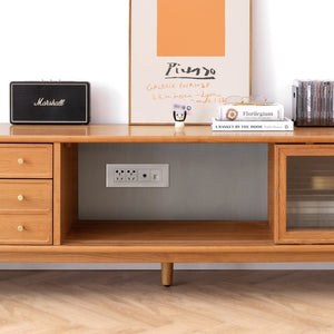 English Elm Walnut Finish Solid Red Oak Media Console with Glass Doors and Two Drawer Storage W1283130100
