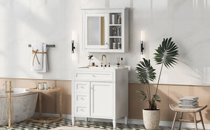 English Elm 30'' Modern Bathroom Vanity with Integrated Mirror Cabinet, Ceramic Sink, 3 Drawers & Ample Storage White SW000126AAK-1