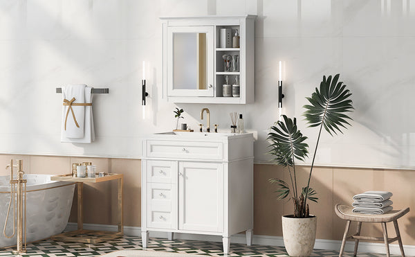 English Elm 30'' Modern Bathroom Vanity with Integrated Mirror Cabinet, Ceramic Sink, 3 Drawers & Ample Storage White SW000126AAK-1