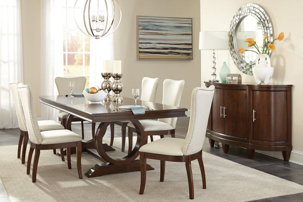 English Elm Modern Cherry Veneer Extendable Dining Table with Sculptural Ring Pedestal Seats Six B011S00827