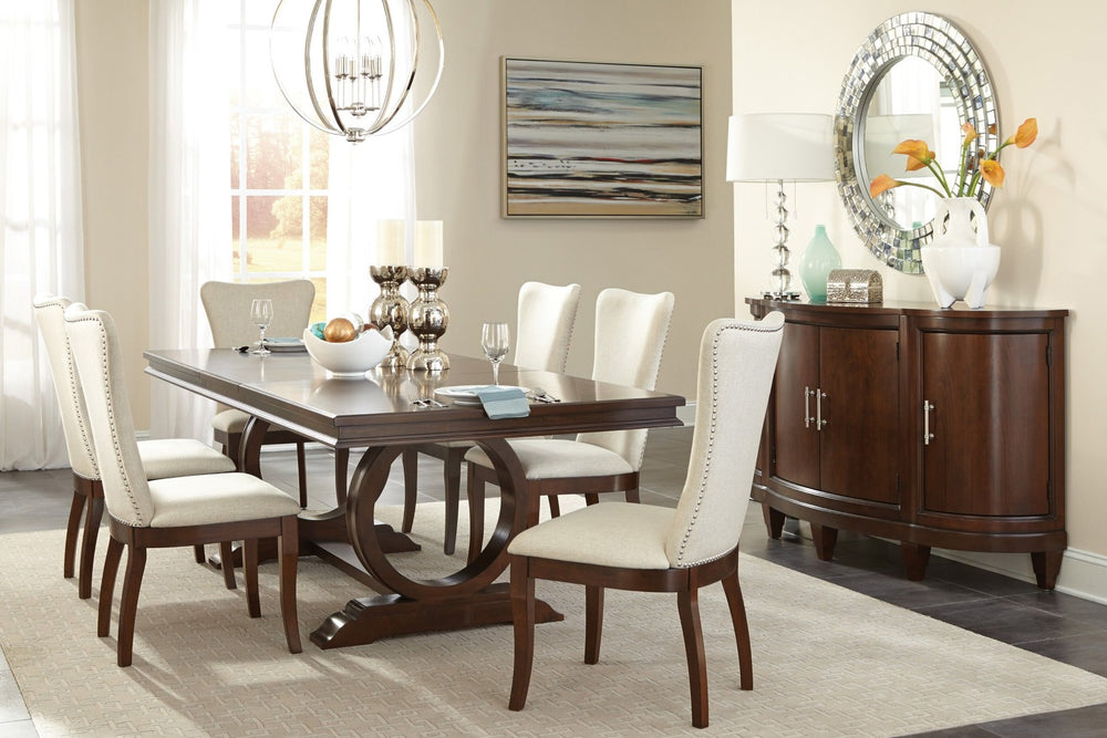 English Elm Modern Traditional Extendable Dining Set Dark Cherry Pedestal Table Six Nailhead Chairs B011S00829