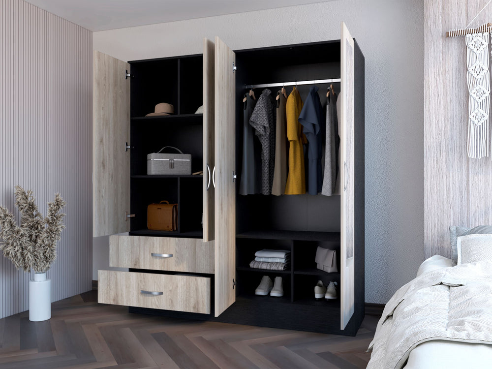 English Elm Armoire Ron 70.8" High Bedroom Cabinet in Light Gray Engineered Wood with Mirrors, Shelves & Drawers B092S00207