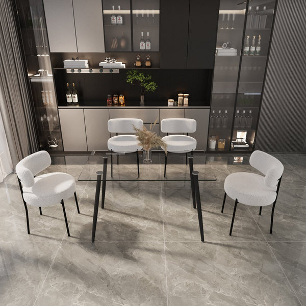 English Elm 51.2'' Dining Table Set With Black Metal Legs - Modern Glass Top & 4 Plush White Teddy Velvet Chairs W2189S00265