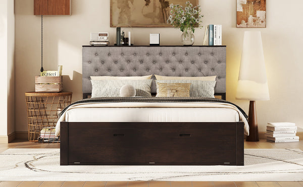 English Elm Wood Queen Size Platform Bed with Storage Headboard, 4 Drawers and Shoe Rack, Sturdy Timber Design Espresso GX000379AAD