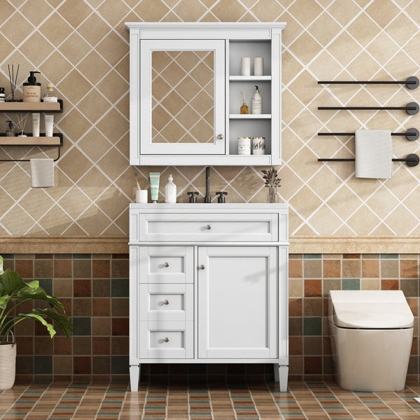 English Elm 30'' Modern Bathroom Vanity with Integrated Mirror Cabinet, Ceramic Sink, 3 Drawers & Ample Storage White SW000126AAK-1