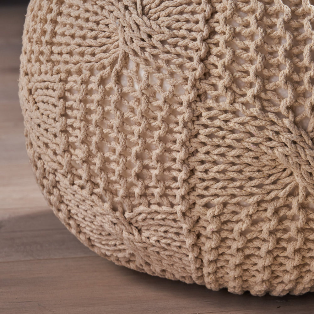 English Elm Bordeaux Cozy Knitted Cotton Round Pouf – Versatile Beige Ottoman & Decorative Cushion For Any Room B181P162862