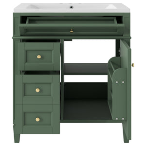 English Elm 30'' Modern Bathroom Vanity with Integrated Mirror Cabinet, Ceramic Sink, 3 Drawers & Ample Storage Green SW000126AAF-1