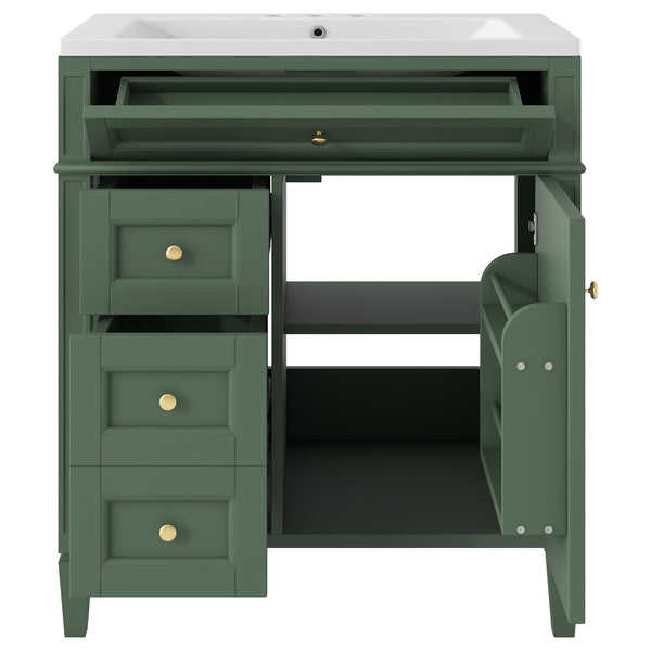 English Elm 30'' Modern Bathroom Vanity with Integrated Mirror Cabinet, Ceramic Sink, 3 Drawers & Ample Storage Green SW000126AAF-1