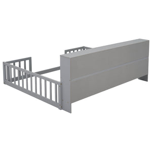 English Elm Full Floor bed with side bookcase and guardrails — space-saving storage shelves, sturdy pine construction, modern style (Full) Grey W504142774