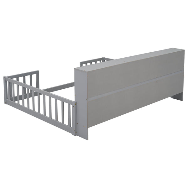 English Elm Full Floor bed with side bookcase and guardrails — space-saving storage shelves, sturdy pine construction, modern style (Full) Grey W504142774