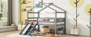 English Elm Twin Low Loft House Bed with Slide Ladder and Guardrails — Playful Kids Loft with Roof Frame, Sturdy Pine Build and Safe Design Grey W504P145315