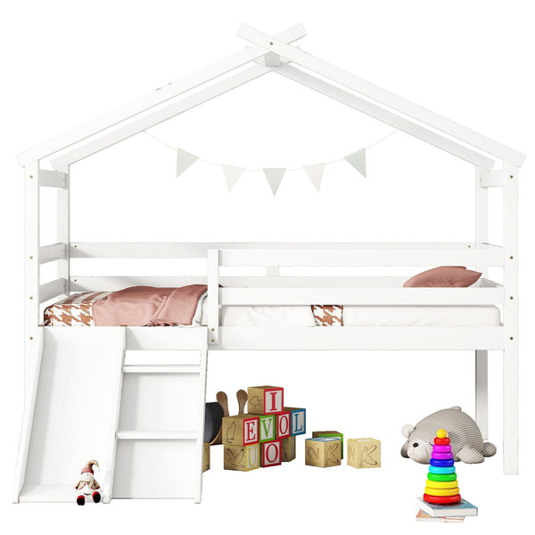 English Elm Twin Low Loft House Bed with Slide Ladder and Guardrails — Playful Kids Loft with Roof Frame, Sturdy Pine Build and Safe Design White W504P145316