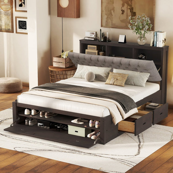 English Elm Wood Queen Size Platform Bed with Storage Headboard, 4 Drawers and Shoe Rack, Sturdy Timber Design Espresso GX000379AAD