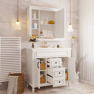 English Elm 36'' Bathroom Vanity with Sink and Mirror Cabinet, Modern MDF & Solid Wood Design, Ceramic Top, Soft-Close Doors White SW000115AAK-1
