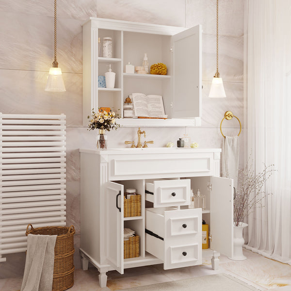 English Elm 36'' Bathroom Vanity with Sink and Mirror Cabinet, Modern MDF & Solid Wood Design, Ceramic Top, Soft-Close Doors White SW000115AAK-1