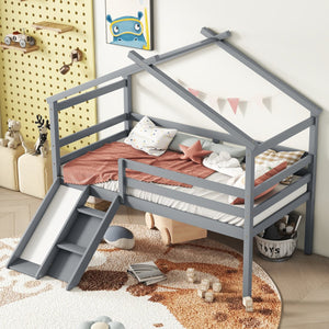 English Elm Twin Low Loft House Bed with Slide Ladder and Guardrails — Playful Kids Loft with Roof Frame, Sturdy Pine Build and Safe Design Grey W504P145315