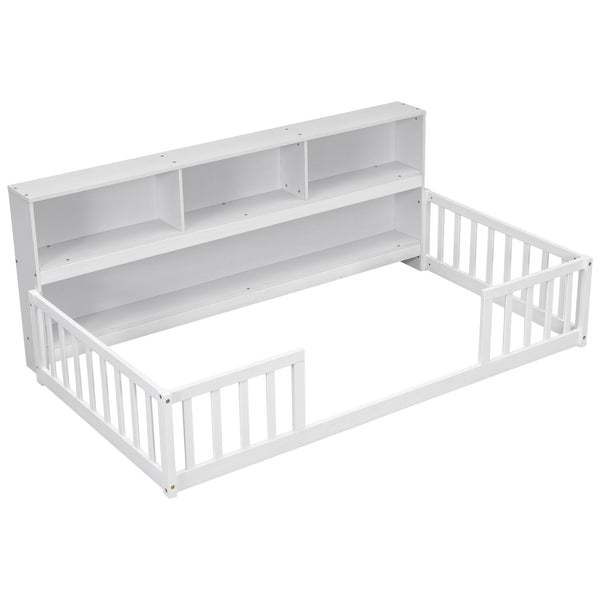 English Elm Twin Floor Bed with Built-In Bedside Bookcase and Shelves, Space-Saving Design with Guardrails White W504142771