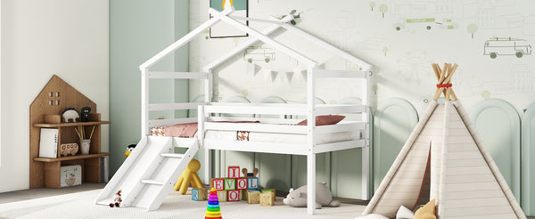 English Elm Twin Low Loft House Bed with Slide Ladder and Guardrails — Playful Kids Loft with Roof Frame, Sturdy Pine Build and Safe Design White W504P145316