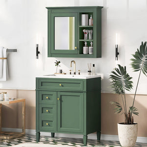 English Elm 30'' Modern Bathroom Vanity with Integrated Mirror Cabinet, Ceramic Sink, 3 Drawers & Ample Storage Green SW000126AAF-1