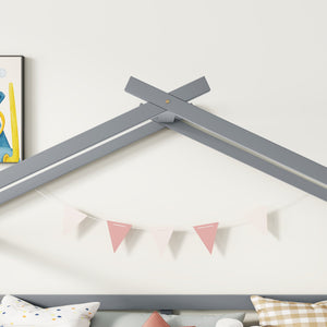 English Elm Twin Low Loft House Bed with Slide Ladder and Guardrails — Playful Kids Loft with Roof Frame, Sturdy Pine Build and Safe Design Grey W504P145315