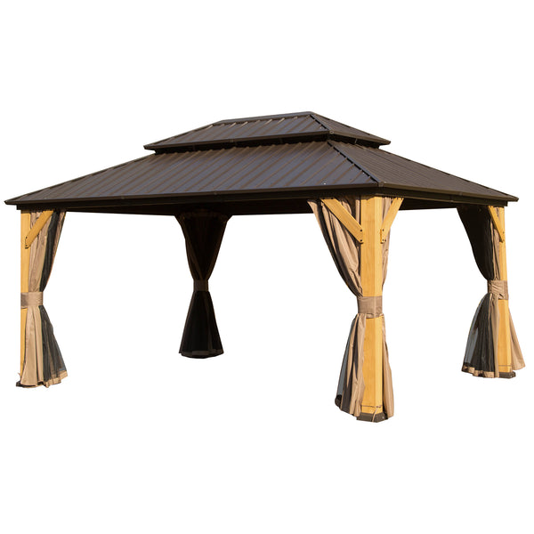 English Elm 10x14FT Cedar Wood Gazebo Solid Hardtop with Galvanized Double Roof, Netting, Curtains, 115sqft Shade W1859S00097
