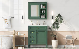 English Elm 30'' Modern Bathroom Vanity with Integrated Mirror Cabinet, Ceramic Sink, 3 Drawers & Ample Storage Green SW000126AAF-1