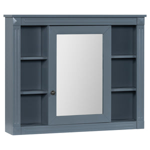 English Elm 35'' Modern Medicine Cabinet with Mirror and Towel Rod, MDF Wall-Mounted Bathroom Storage with Adjustable Shelves and Soft-Close Hinges Blue WF305081AAC