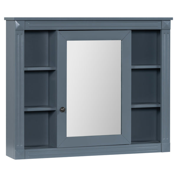 English Elm 35'' Modern Medicine Cabinet with Mirror and Towel Rod, MDF Wall-Mounted Bathroom Storage with Adjustable Shelves and Soft-Close Hinges Blue WF305081AAC