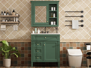 English Elm 30'' Modern Bathroom Vanity with Integrated Mirror Cabinet, Ceramic Sink, 3 Drawers & Ample Storage Green SW000126AAF-1