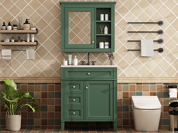 English Elm 30'' Modern Bathroom Vanity with Integrated Mirror Cabinet, Ceramic Sink, 3 Drawers & Ample Storage Green SW000126AAF-1