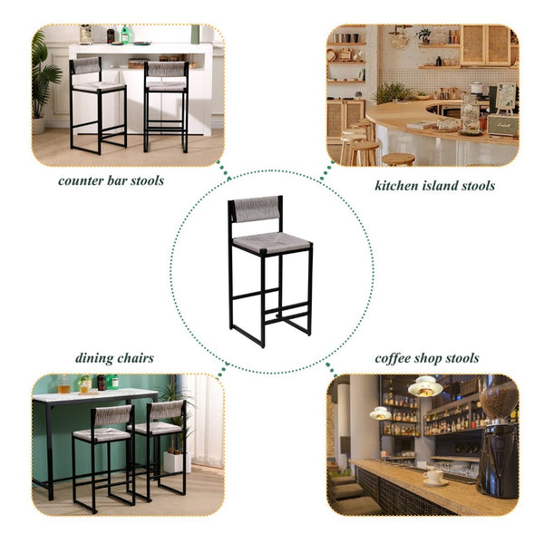 English Elm Gray Hand Woven Paper Rope Counter Stools Set of 2 with Ergonomic Back for Kitchen W1757138690