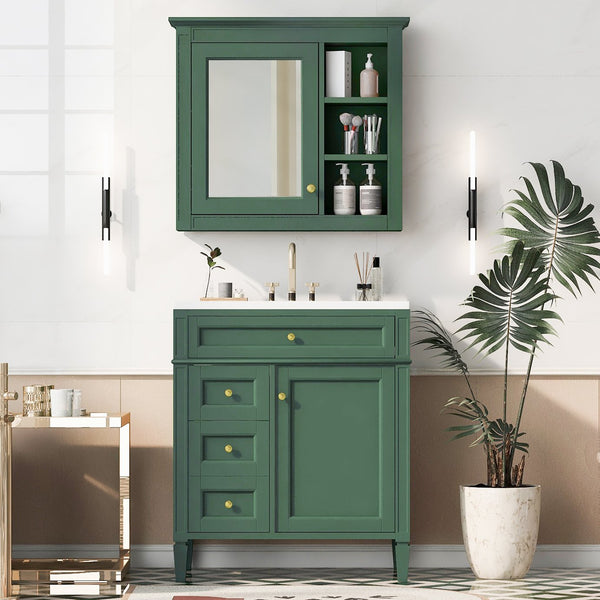 English Elm 30'' Modern Bathroom Vanity with Integrated Mirror Cabinet, Ceramic Sink, 3 Drawers & Ample Storage Green SW000126AAF-1