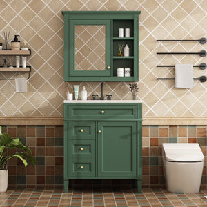 English Elm 30'' Modern Bathroom Vanity with Integrated Mirror Cabinet, Ceramic Sink, 3 Drawers & Ample Storage Green SW000126AAF-1