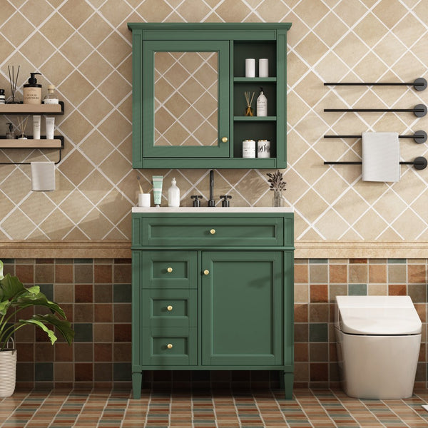 English Elm 30'' Modern Bathroom Vanity with Integrated Mirror Cabinet, Ceramic Sink, 3 Drawers & Ample Storage Green SW000126AAF-1
