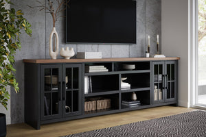 English Elm 96 Inch TV Stand Console - Two-Tone Black & Whiskey Farmhouse Entertainment Center, Preassembled, Fits 100" TVs, Glass Doors, Cable Management B108P160147