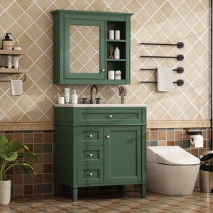 English Elm 30'' Modern Bathroom Vanity with Integrated Mirror Cabinet, Ceramic Sink, 3 Drawers & Ample Storage Green SW000126AAF-1
