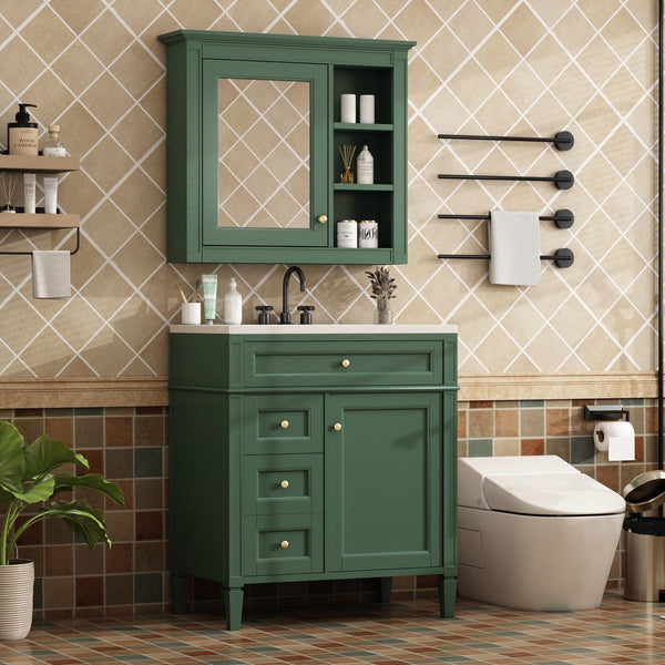 English Elm 30'' Modern Bathroom Vanity with Integrated Mirror Cabinet, Ceramic Sink, 3 Drawers & Ample Storage Green SW000126AAF-1