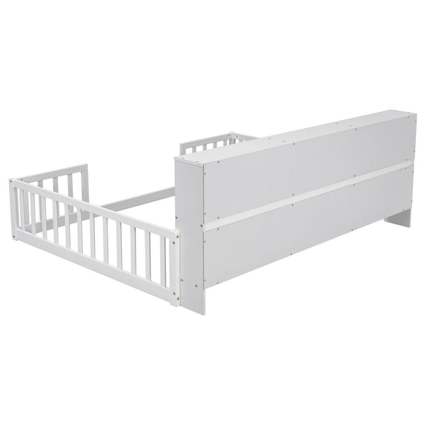English Elm Full Floor bed with side bookcase and guardrails — space-saving storage shelves, sturdy pine construction, modern style (Full) White W504142775
