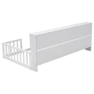 English Elm Twin Floor Bed with Built-In Bedside Bookcase and Shelves, Space-Saving Design with Guardrails White W504142771