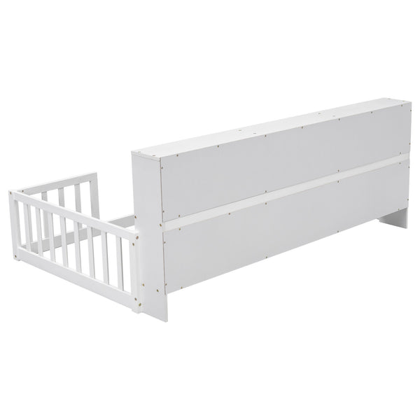 English Elm Twin Floor Bed with Built-In Bedside Bookcase and Shelves, Space-Saving Design with Guardrails White W504142771