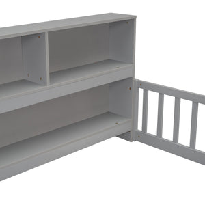 English Elm Full Floor bed with side bookcase and guardrails — space-saving storage shelves, sturdy pine construction, modern style (Full) Grey W504142774