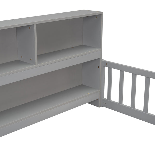 English Elm Full Floor bed with side bookcase and guardrails — space-saving storage shelves, sturdy pine construction, modern style (Full) Grey W504142774