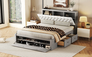 English Elm Wood Queen Size Platform Bed with Storage Headboard, 4 Drawers and Shoe Rack, Sturdy Timber Design Gray GX000379AAE