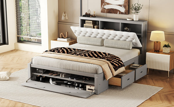 English Elm Wood Queen Size Platform Bed with Storage Headboard, 4 Drawers and Shoe Rack, Sturdy Timber Design Gray GX000379AAE