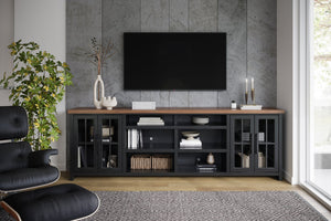 English Elm 96 Inch TV Stand Console - Two-Tone Black & Whiskey Farmhouse Entertainment Center, Preassembled, Fits 100" TVs, Glass Doors, Cable Management B108P160147