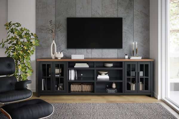 English Elm 96 Inch TV Stand Console - Two-Tone Black & Whiskey Farmhouse Entertainment Center, Preassembled, Fits 100" TVs, Glass Doors, Cable Management B108P160147